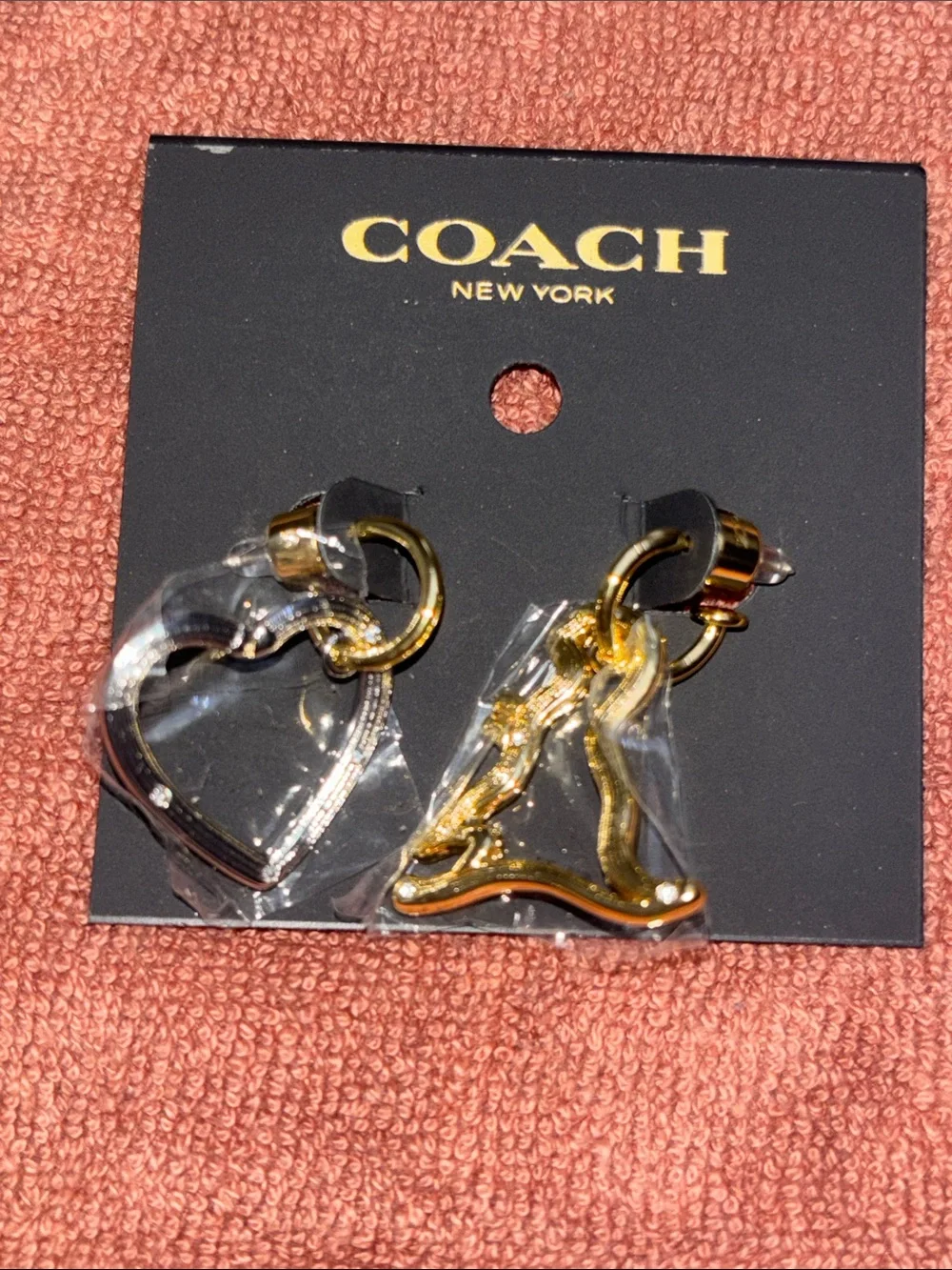 COACH Two-Tone Heart & Dinosaur Dangle Earrings - Gold & Silver - Picture 2 of 5